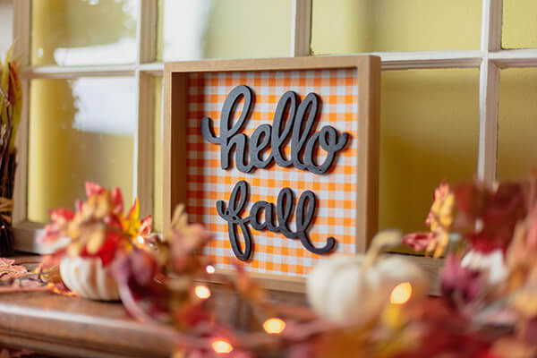 Apartment decorated for fall with pumpkins